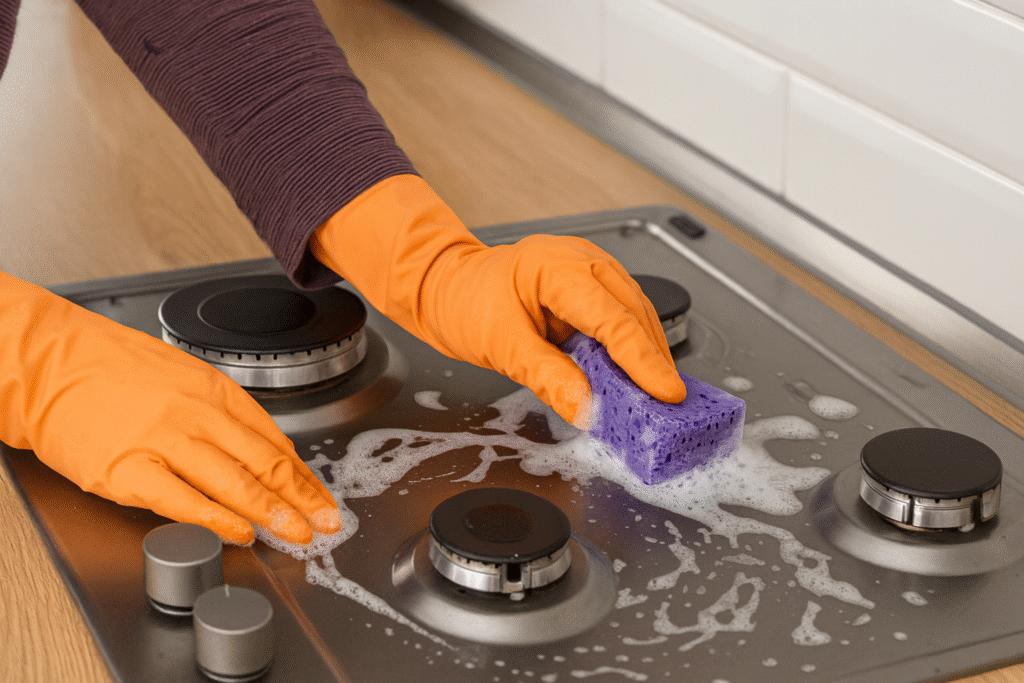 mãos limpando o fogão com esponja