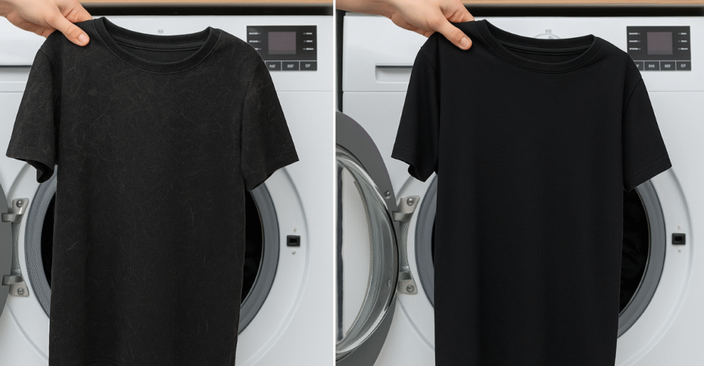 antes e depois de utilizar lenço umedecido na hora de lavar as roupas com pelos de pet
