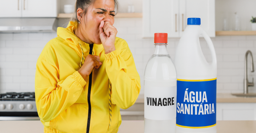 mulher tossindo pois misturou vinagre com água sanitária